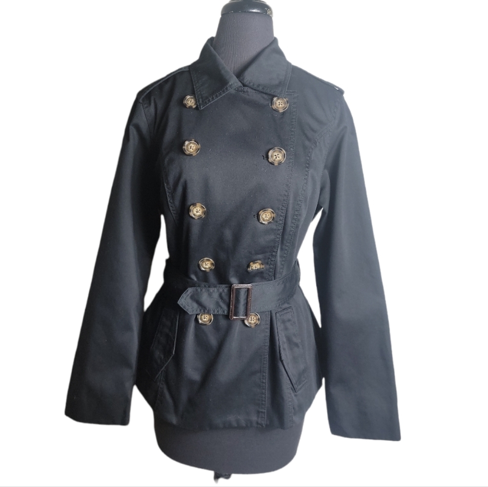 Merona black double breasted belted jacket military peacoat women's large